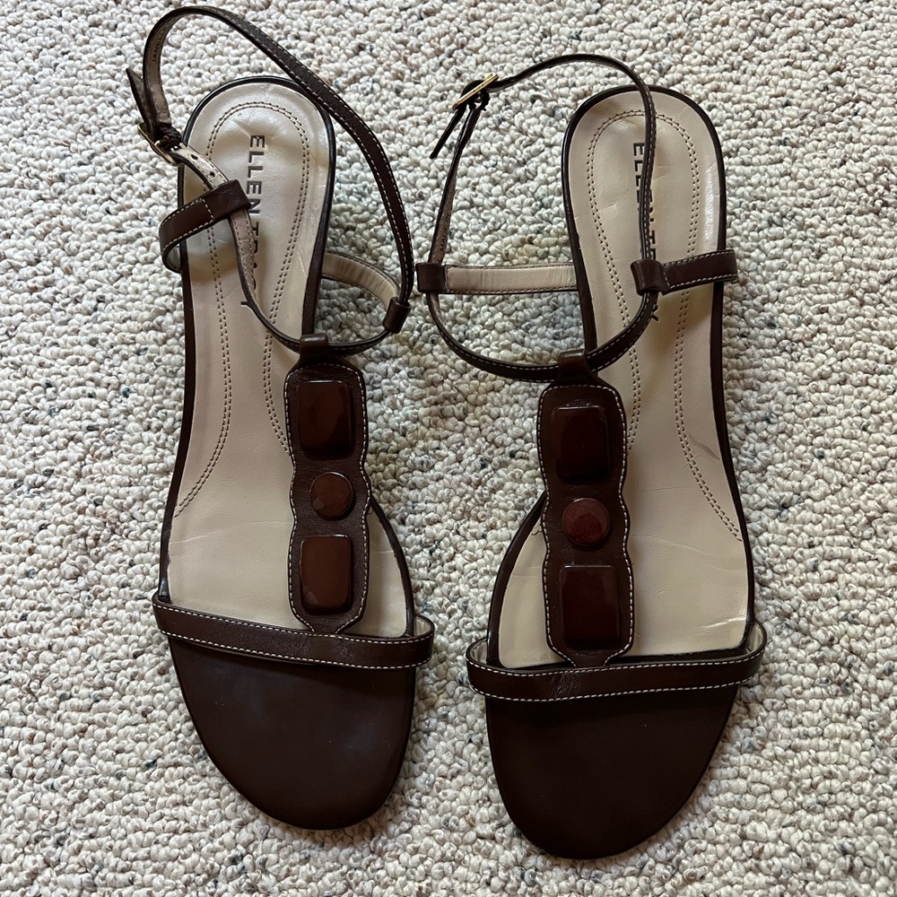 Ellen Tracy Brown Leather Wedge Sandals Sz 8.5
